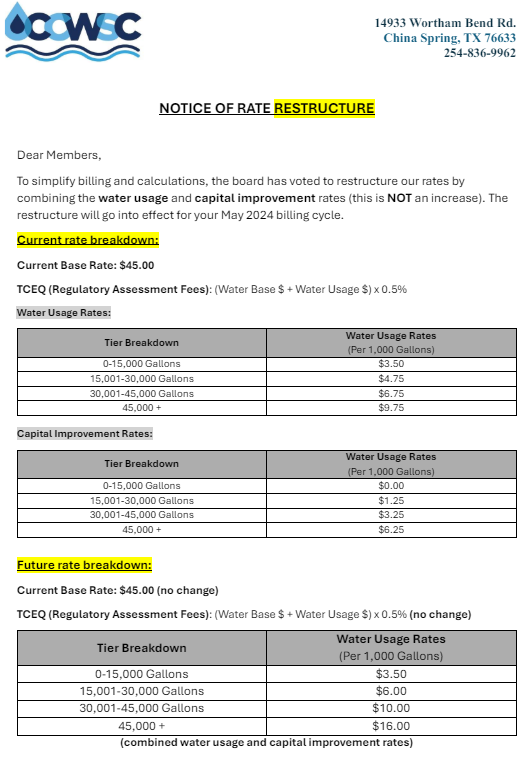 May 2024 Rate Re-Structure