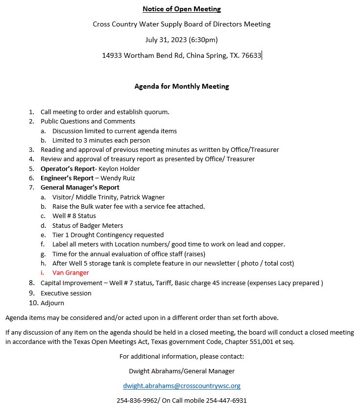 July 2023 Agenda