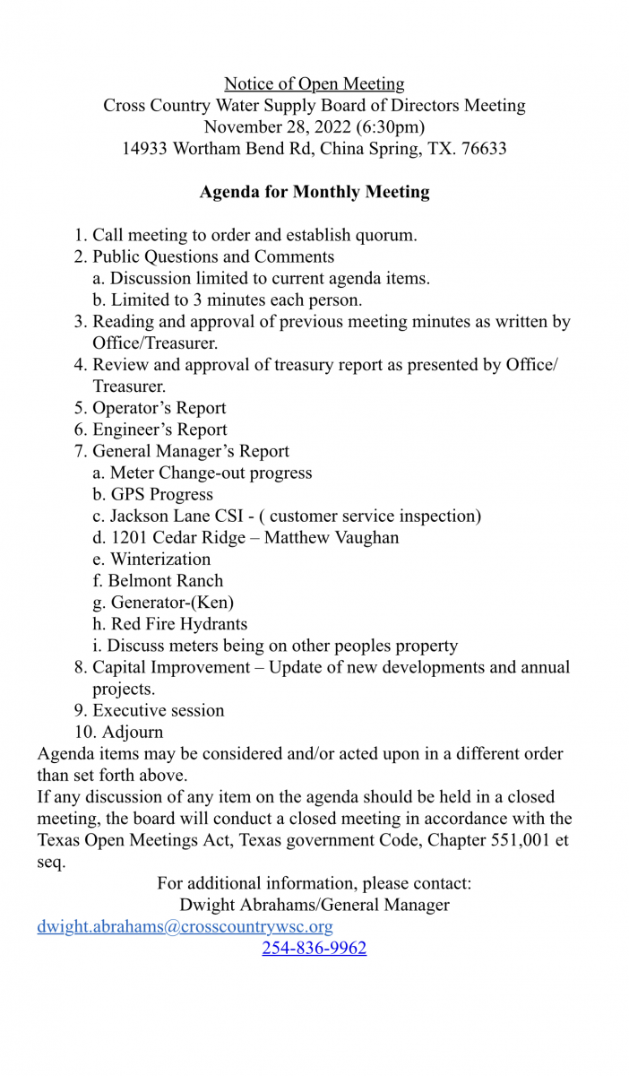 November 2022 Agenda
